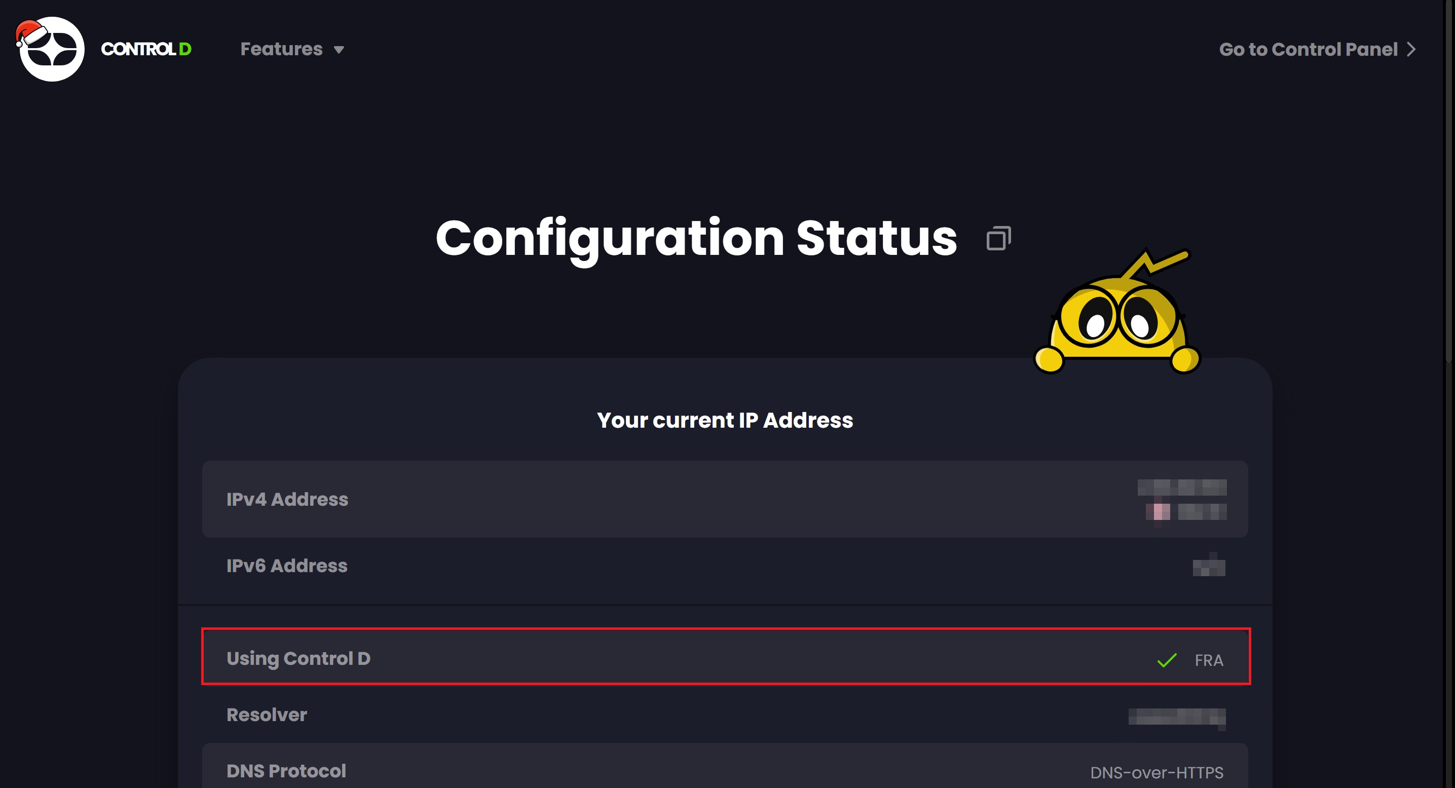 Screenshot showing Configuration Status screen for Control D, with a green tick on "Using Control D"