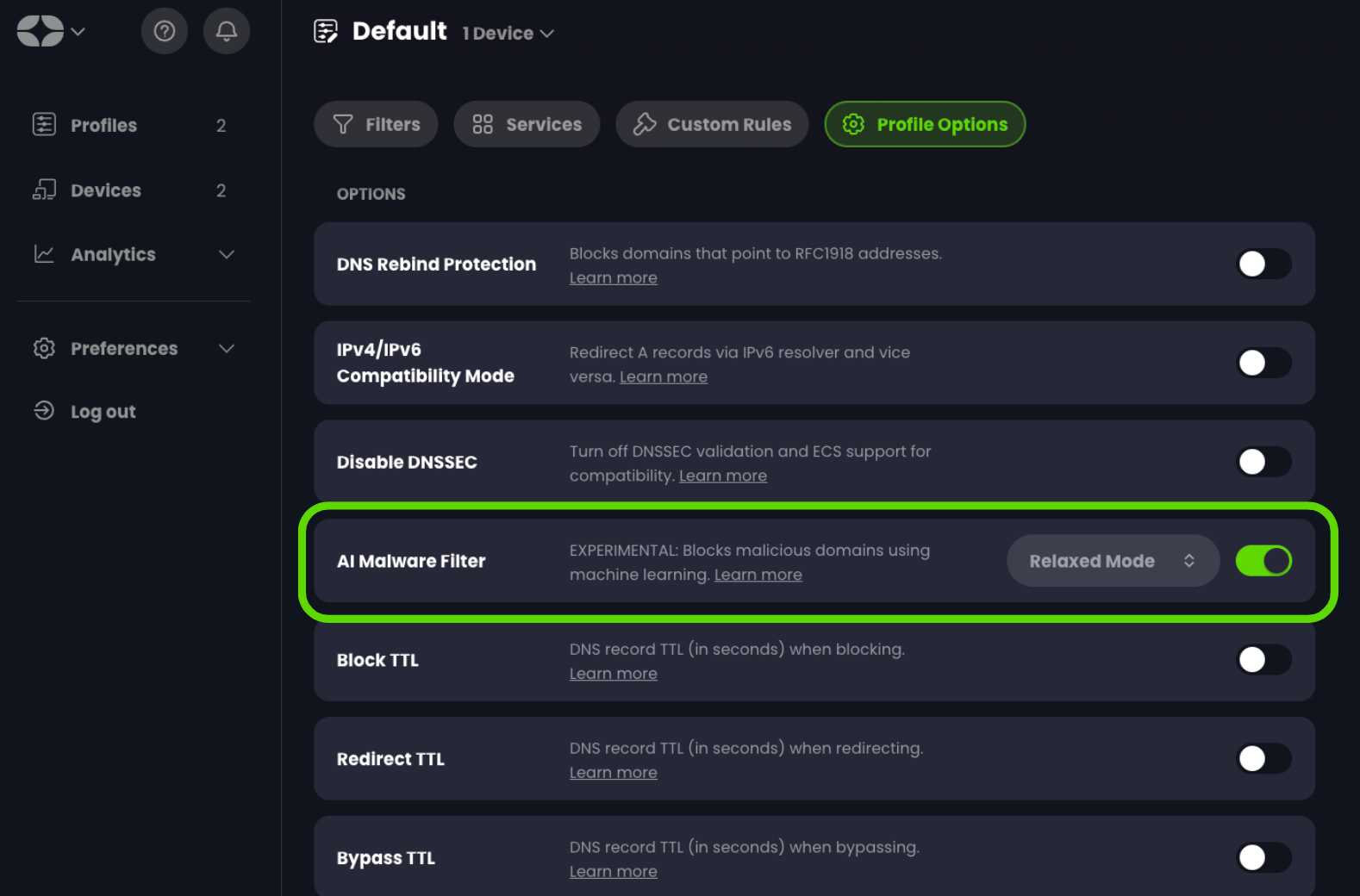 Screenshot showing where to enabled the new AI Malware Filter in Profile Options