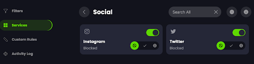 Screenshot of Control D's Instagram and Twitter Social Services filters set to Blocked