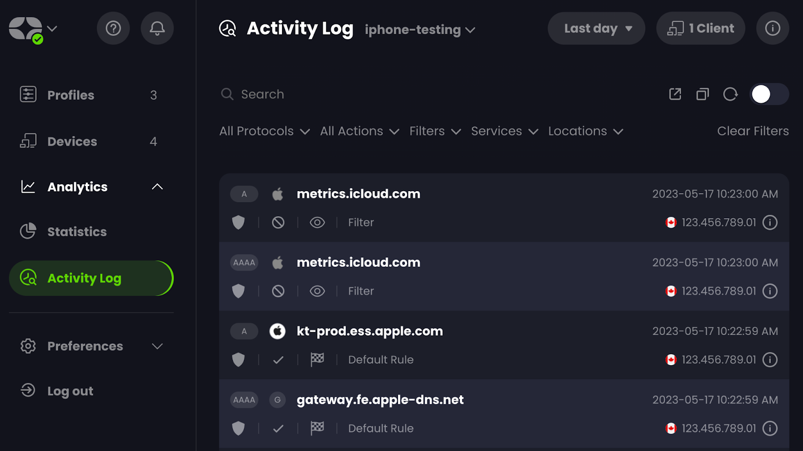 Screenshot of Control D's Full Analytics Activity Log