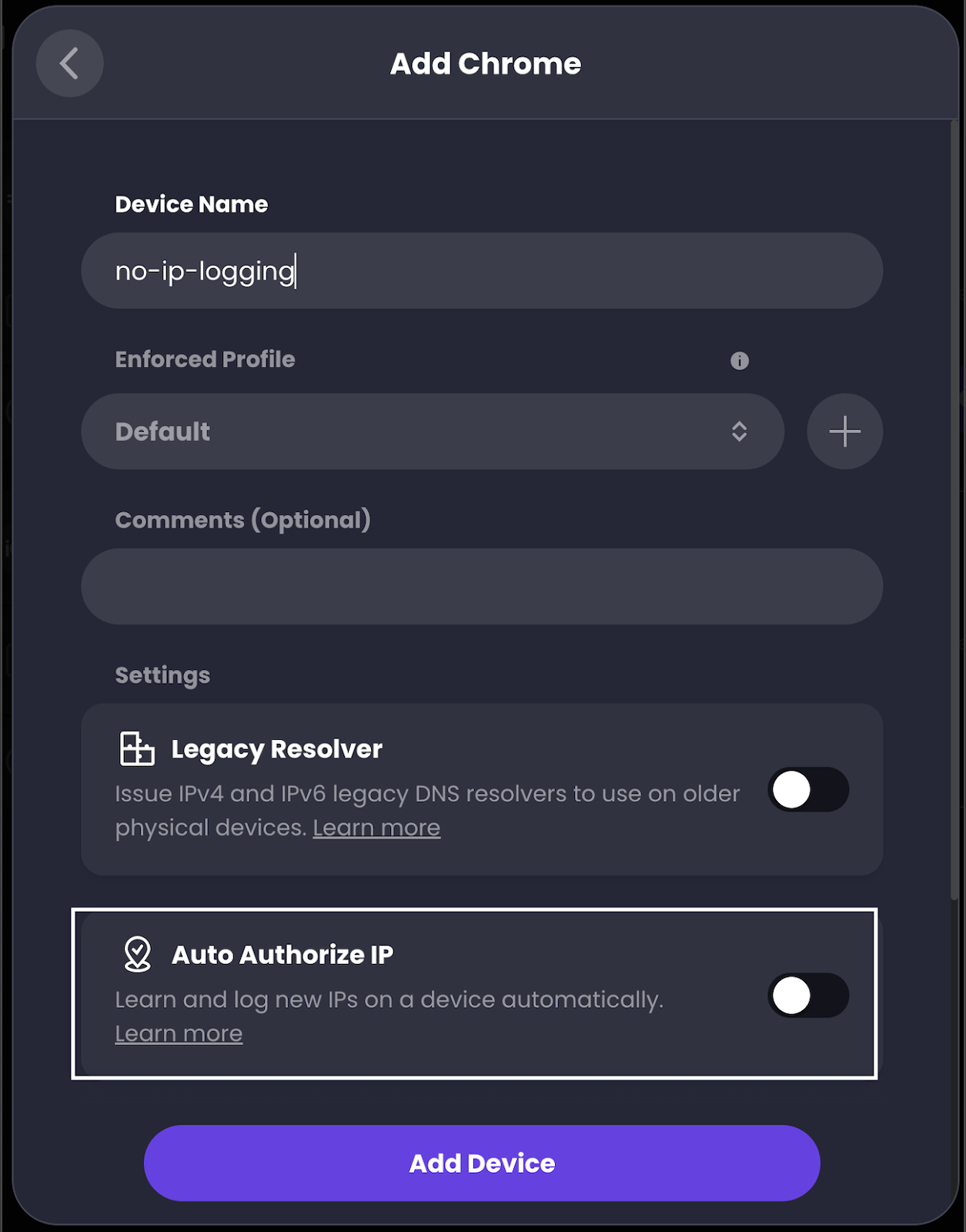 Screenshot showing Control D's create device screen, with the Auto Authorize IP option highlighted and OFF