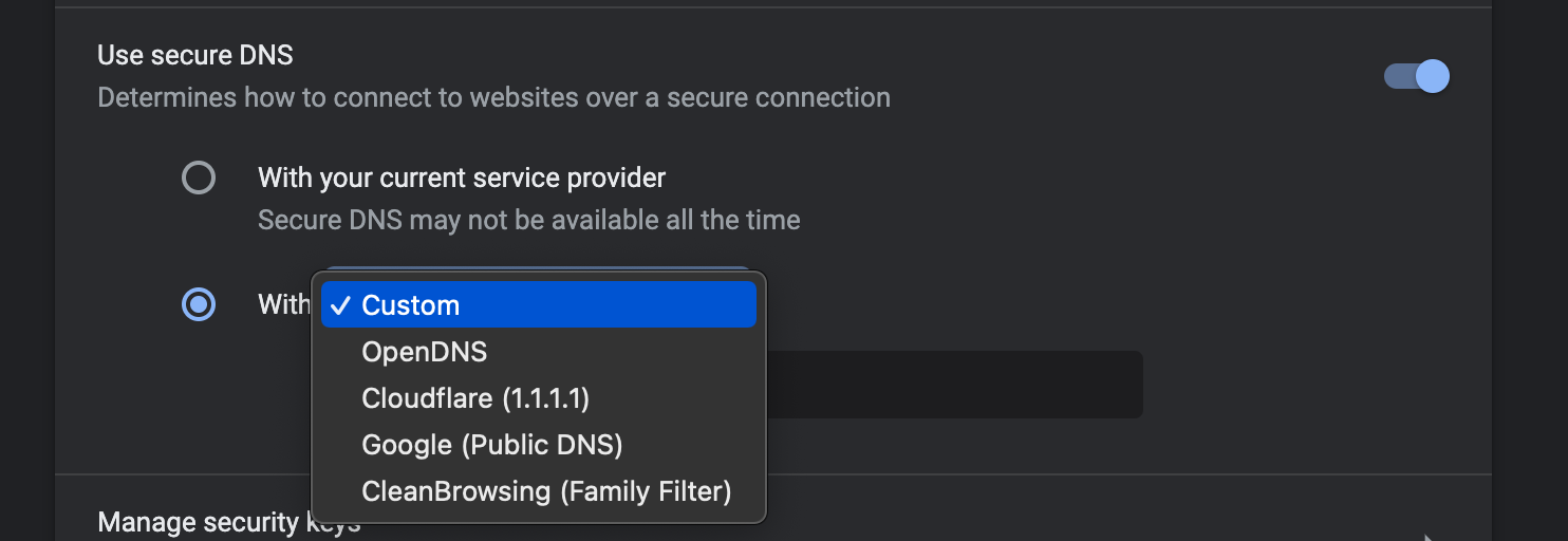 Screenshot of Google Chrome Custom DNS options, including OpenDNS, Cloudflare, and Google