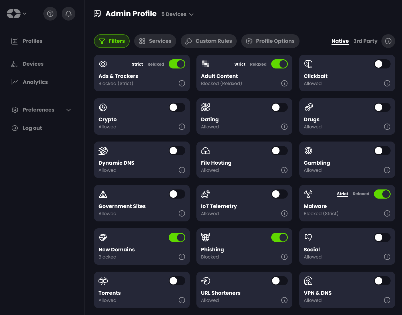 screen shot of Control D admin panel, showing all the filterable options with several options enabled