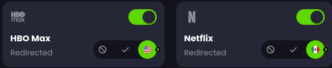 Screenshot of 2 Control D services with HBO Max exit node set to USA and Netflix exit node set to Mexico