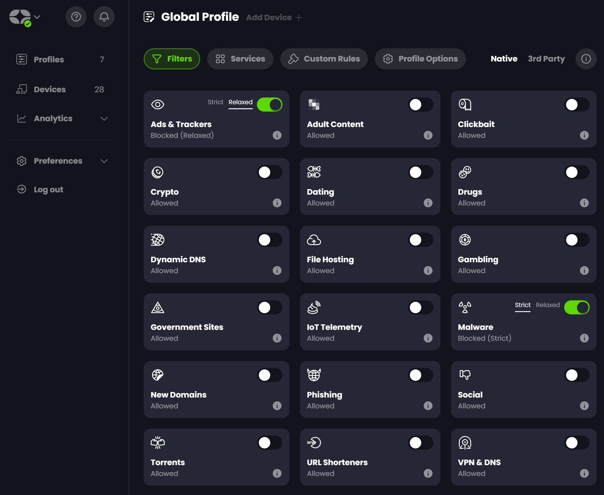 Screenshot of the Control D panel, showing a Global Profile's filter options