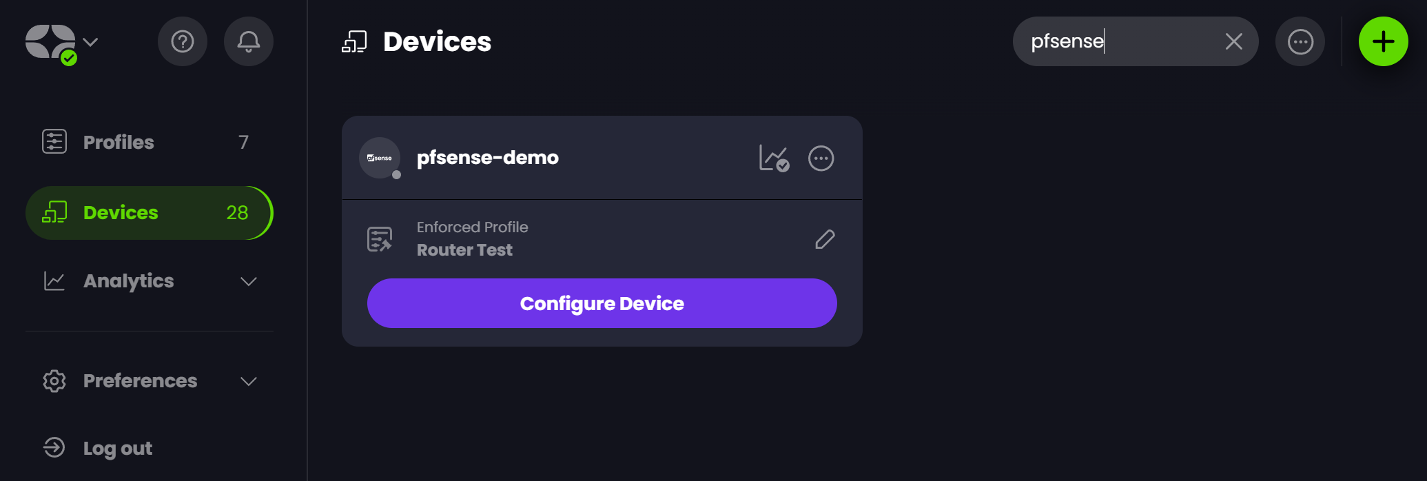 Screenshot of Control D Devices panel showing a "pfsense-demo" test device