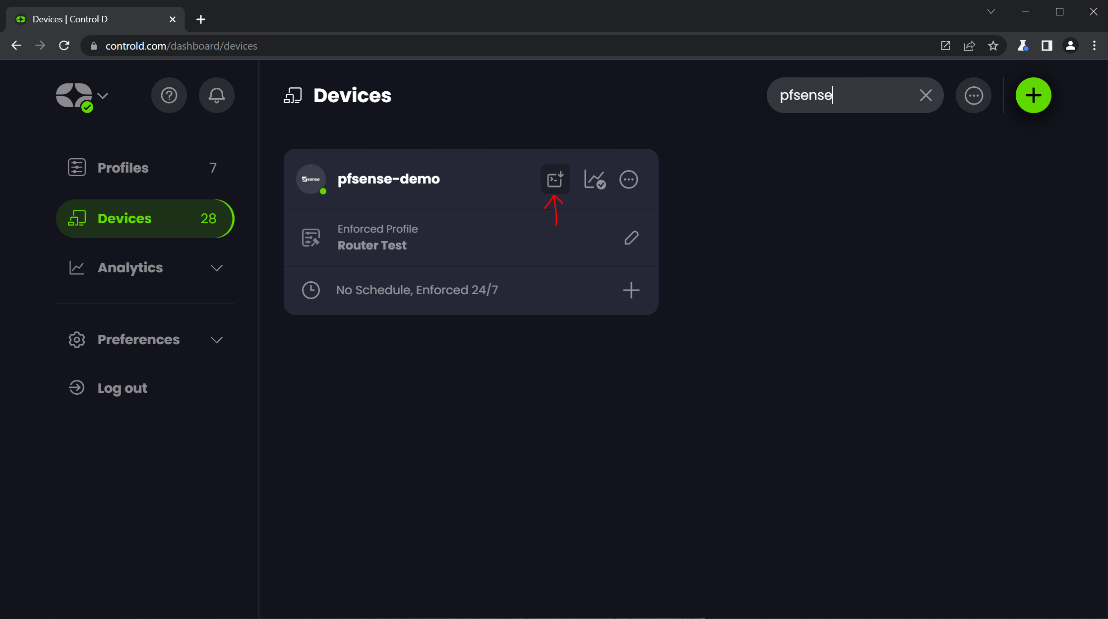 Screenshot of Control D Devices panel highlighting the ctrld config button on the pfsense-demo device