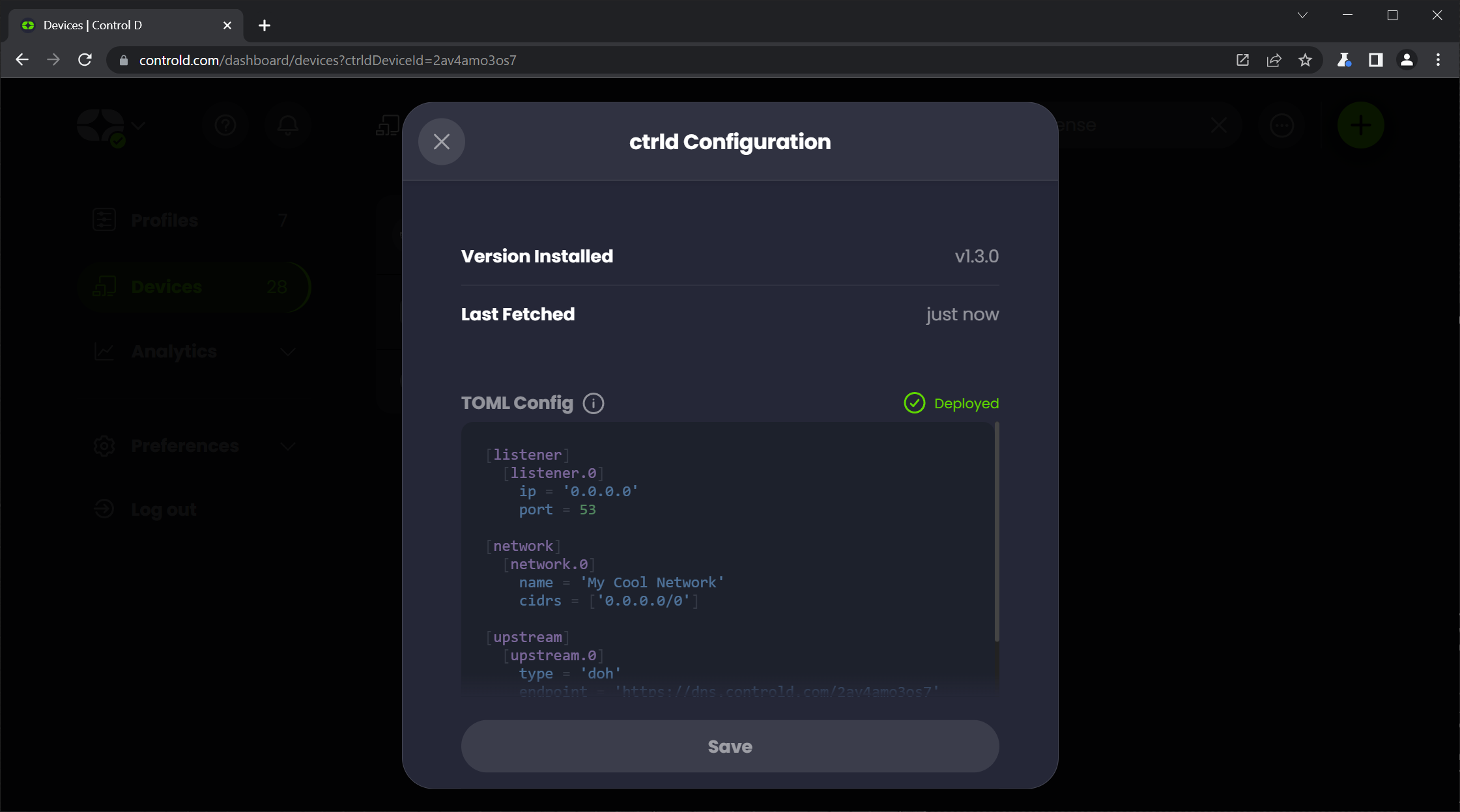 Screenshot of ctrld Configuration screen with updated TOML Config