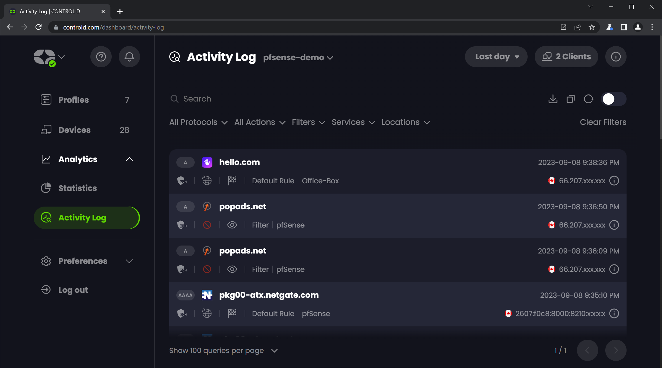 Screenshot of Control D Activity Log for pfsense-demo device