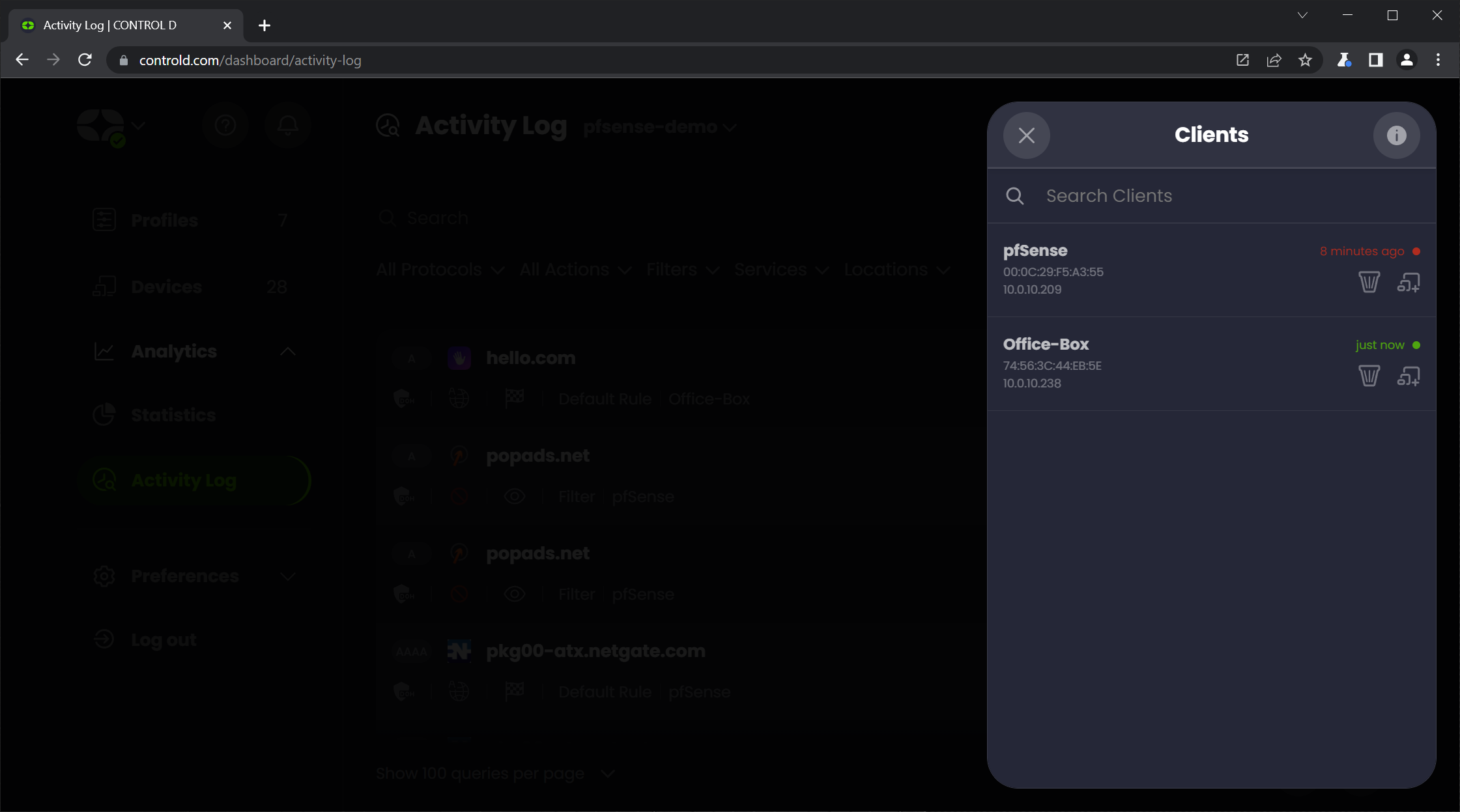 Screenshot of Control D clients screen showing pfSense and Office-Box