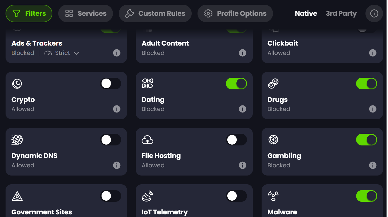 Screenshot of Control D UI: Filters with child appropriate ones active