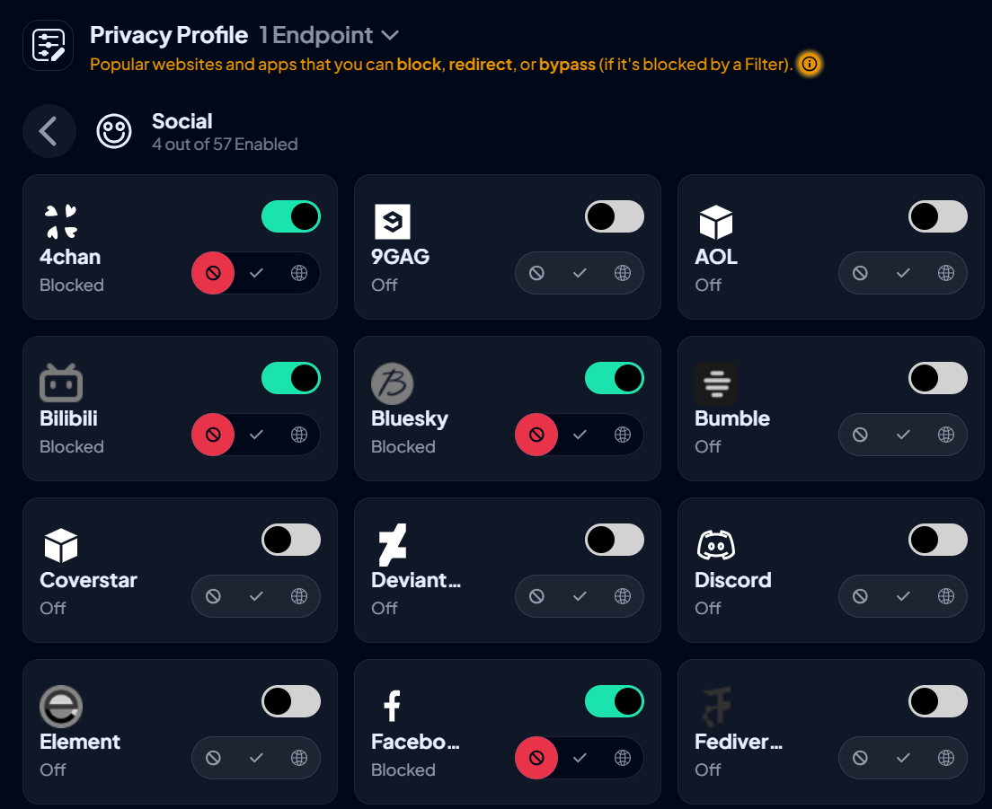 The 'social' services menu in a Control D privacy profile, showing toggles to block specific apps like 4chan, Bilibili, Bluesky, and Facebook.