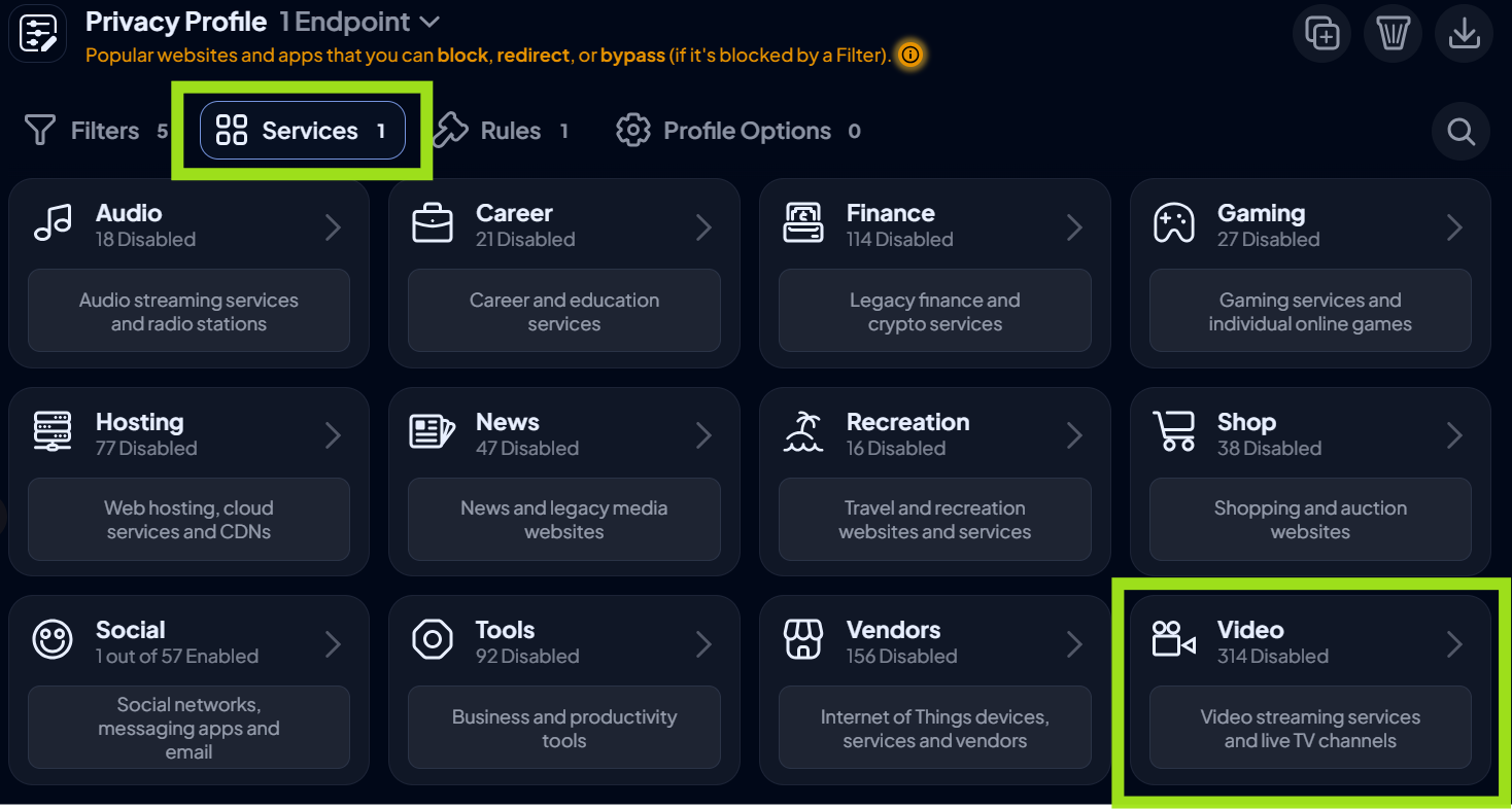 A screenshot of the 'services' tab in a Control D privacy profile, with the 'video' category highlighted.