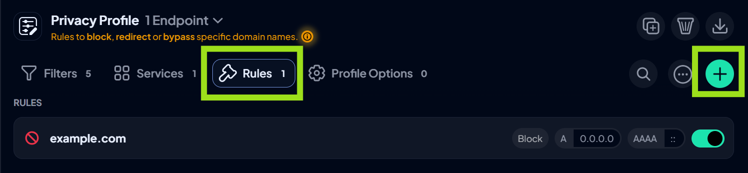 The 'rules' tab of the Control D privacy control panel, highlighting the 'rules 1' tab and the 'add' new rule button.