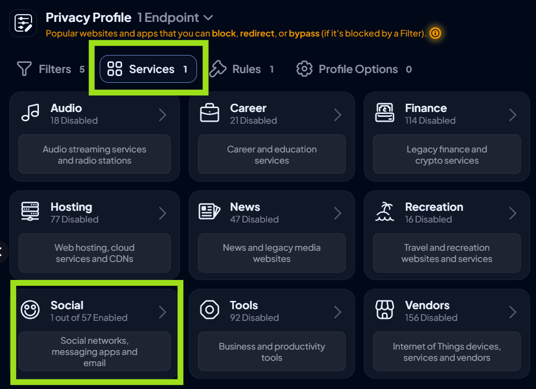 A screenshot of a Control D privacy profile's control panel, showing the 'services' tab selected and the 'social' category highlighted.