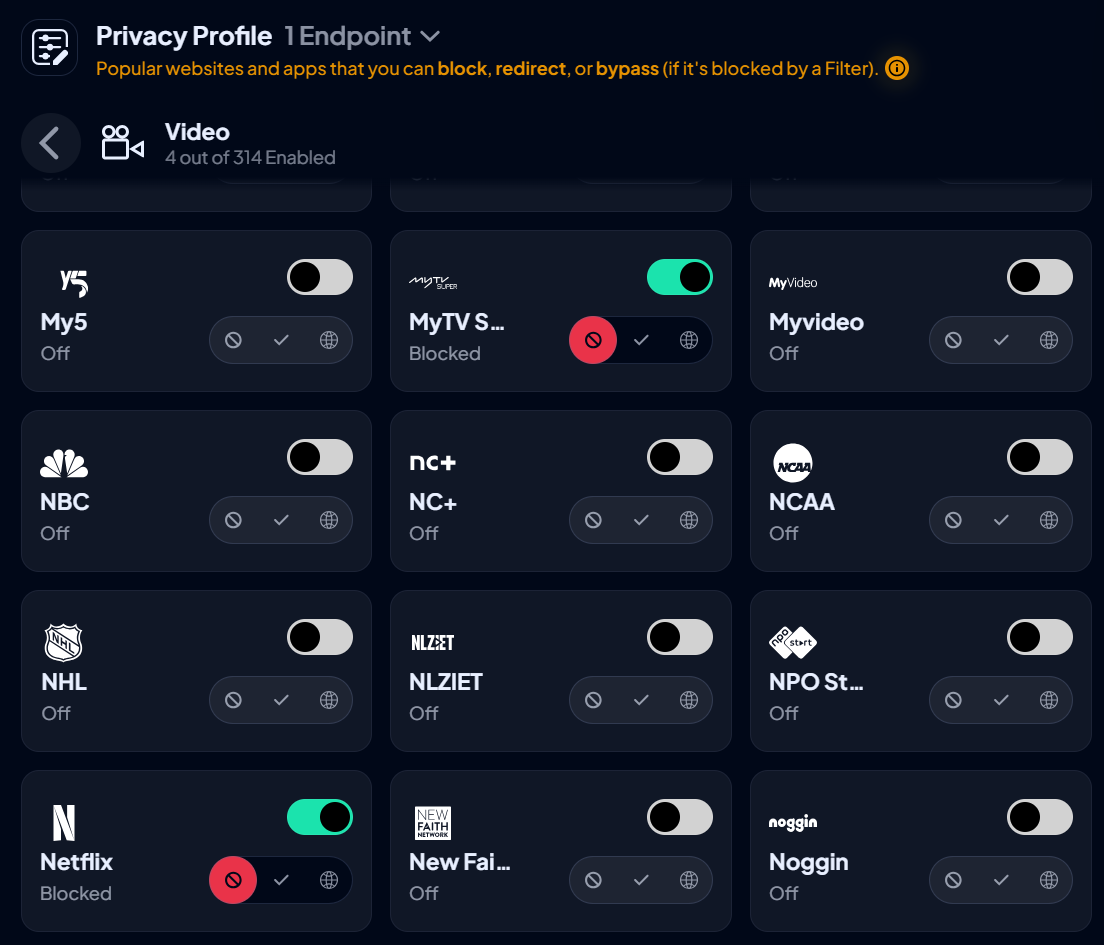 The 'filters' tab in a Control D privacy profile, showing multiple streaming services with MyTV and Netflix highlighted.