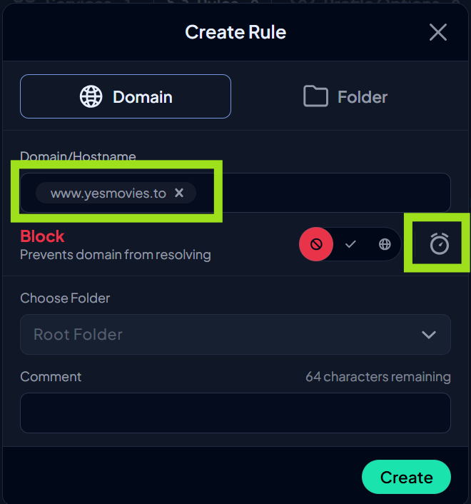 The 'create rule' modal window in Control D, showing the 'domain/hostname' field, the 'block' action, and the schedule icon highlighted.