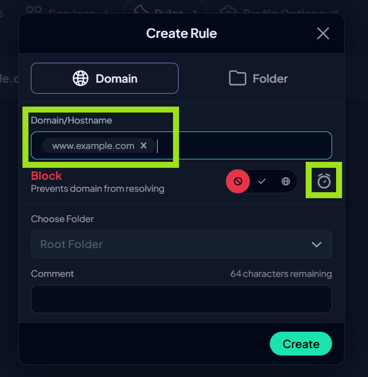 The 'create rule' modal window in Control D, showing the 'domain/hostname' field, the 'block' action, and the schedule icon highlighted.