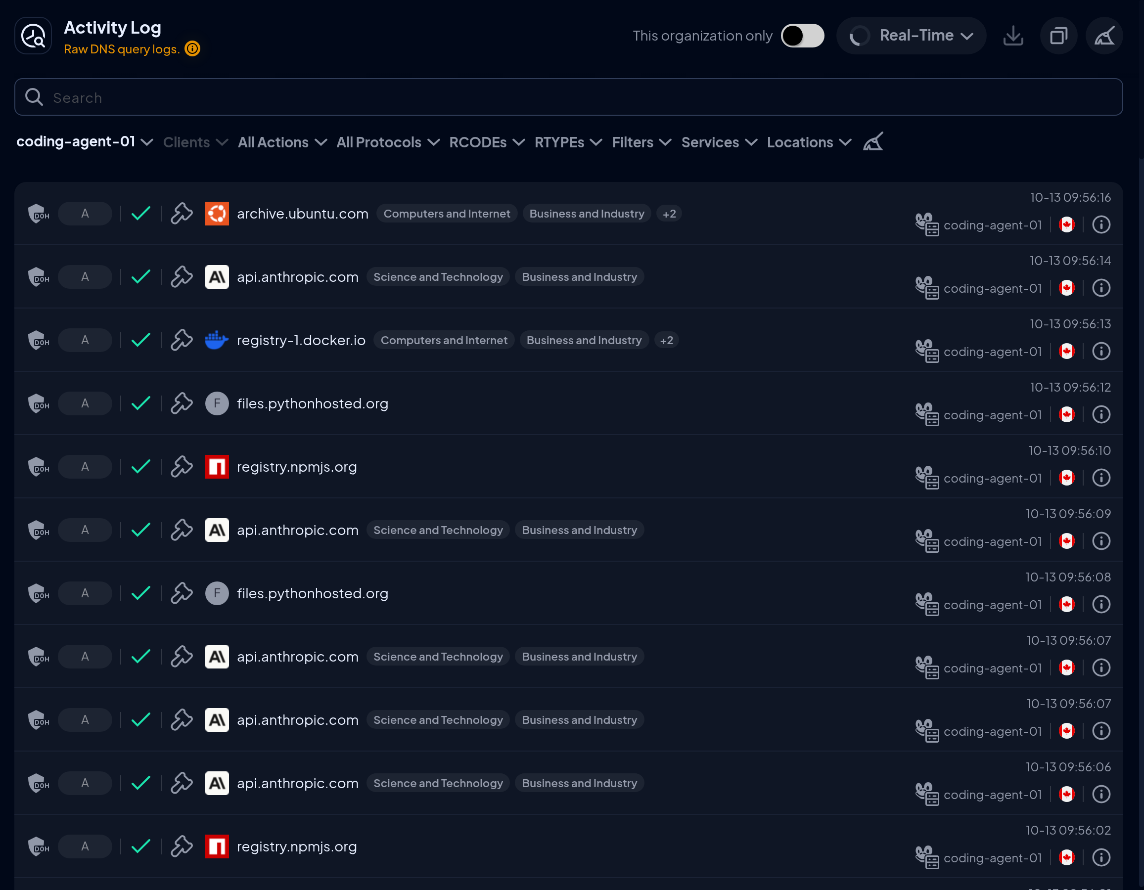 Activity Log in Real-Time mode filtered to the coding-agent-01 Endpoint