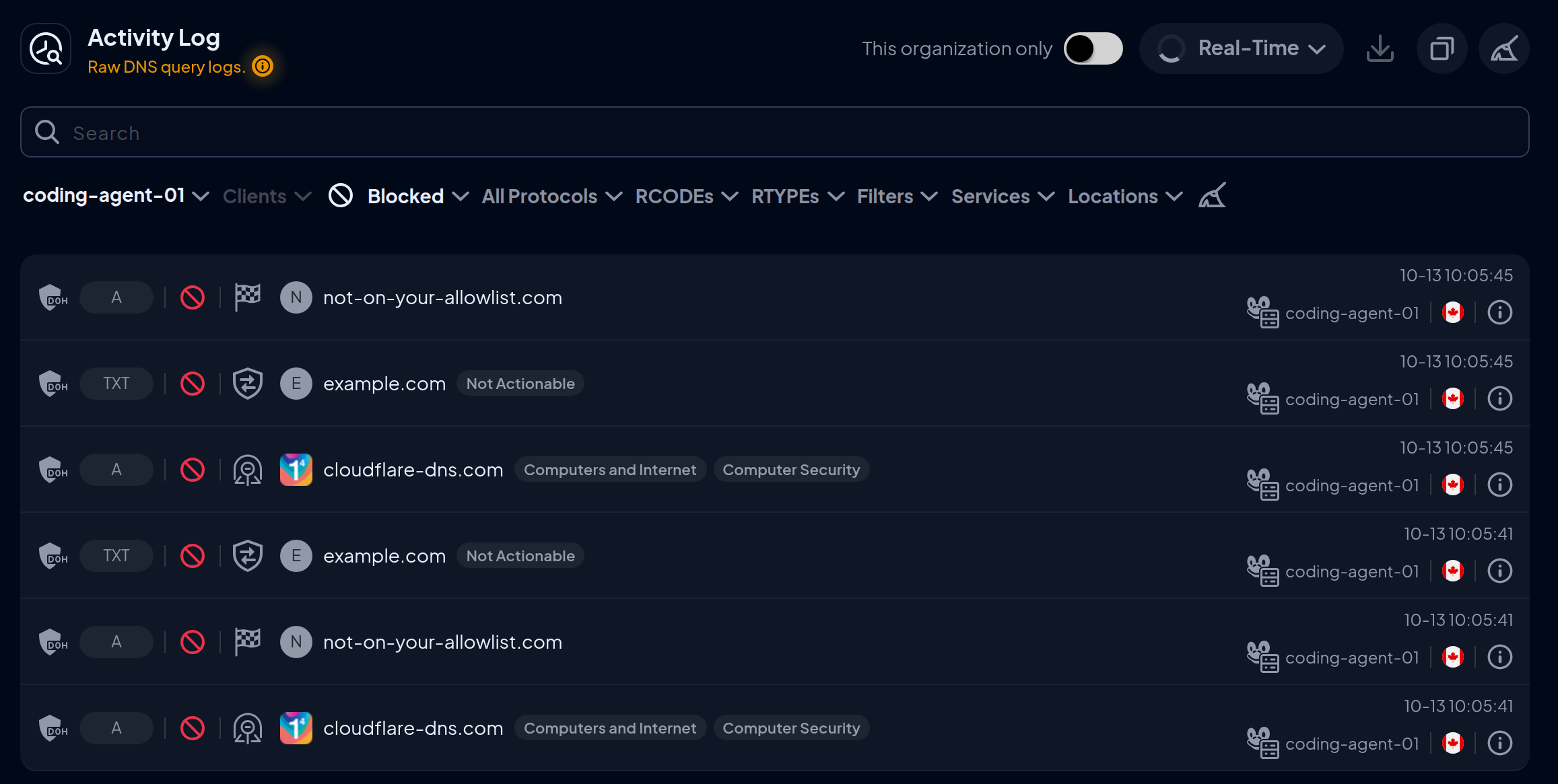 Activity Log filtered to coding-agent-01 showing the Step 8 test lookups blocked