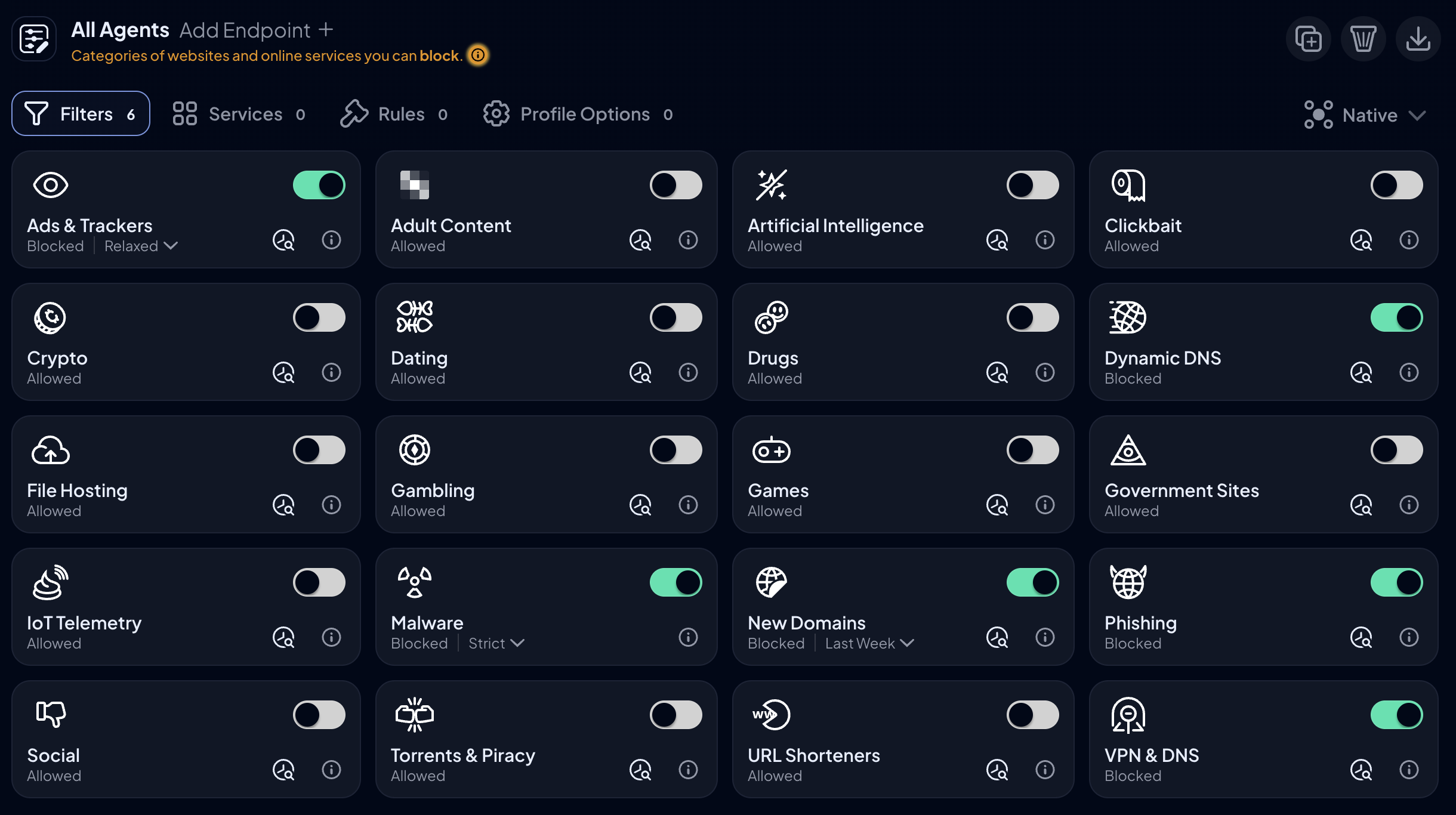 All Agents Profile with Malware (Strict), Phishing, Ads & Trackers, New Domains, Dynamic DNS, and VPN & DNS Filters turned on