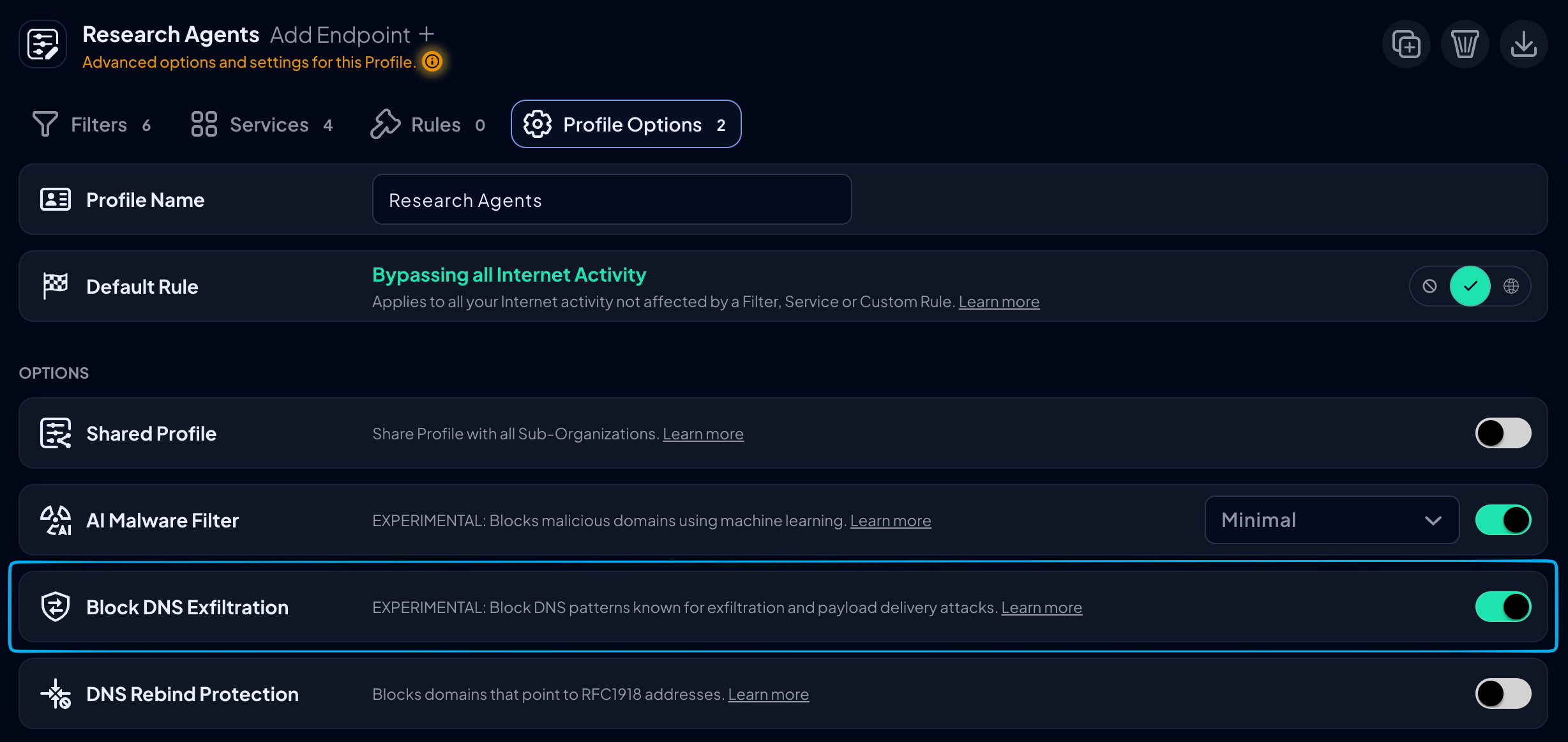 Research Agents Profile Options with Block DNS Exfiltration turned on below AI Malware Filter