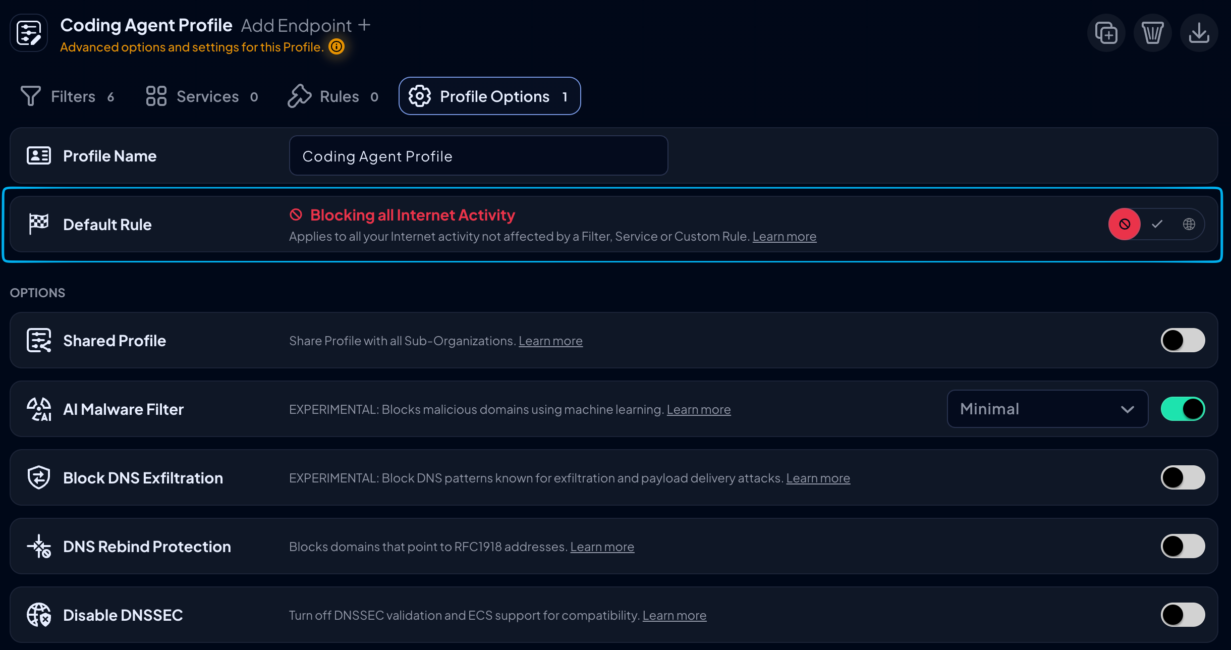 Coding agent Profile Options with the Default Rule set to Block