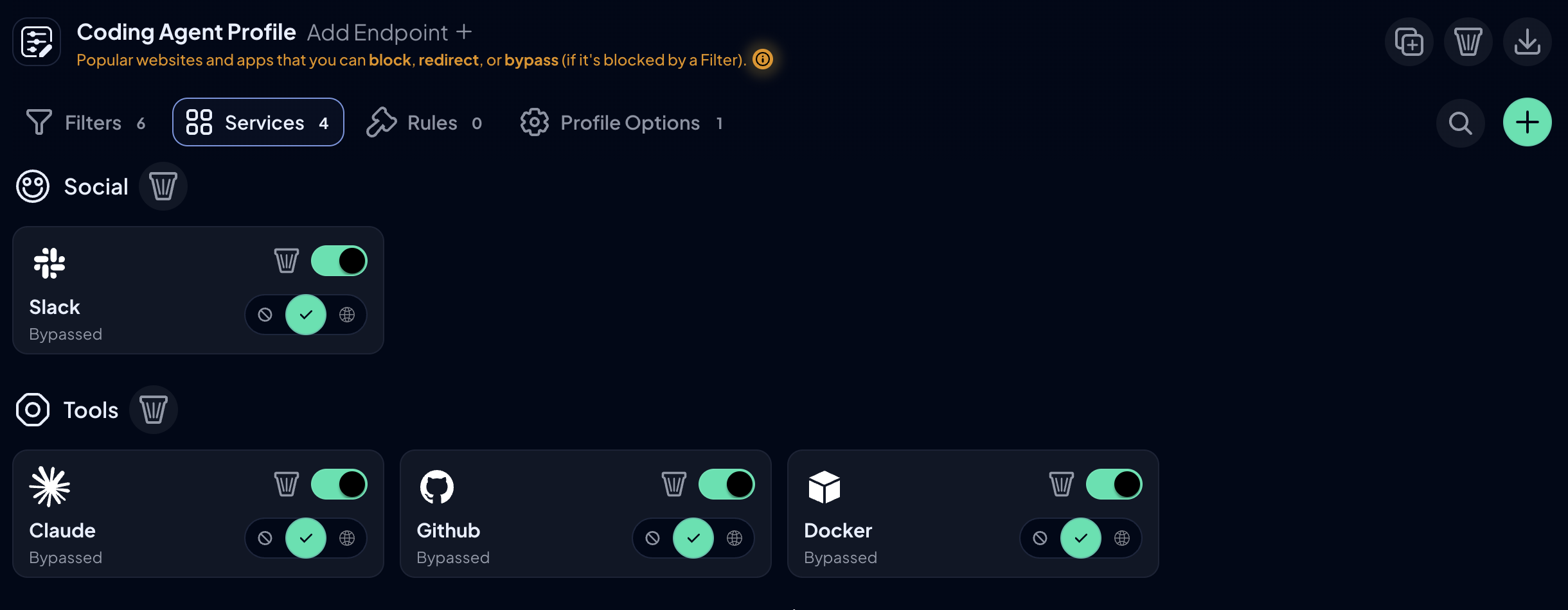 Coding agent Profile with the Claude, GitHub, Slack, and Docker Services set to Bypass