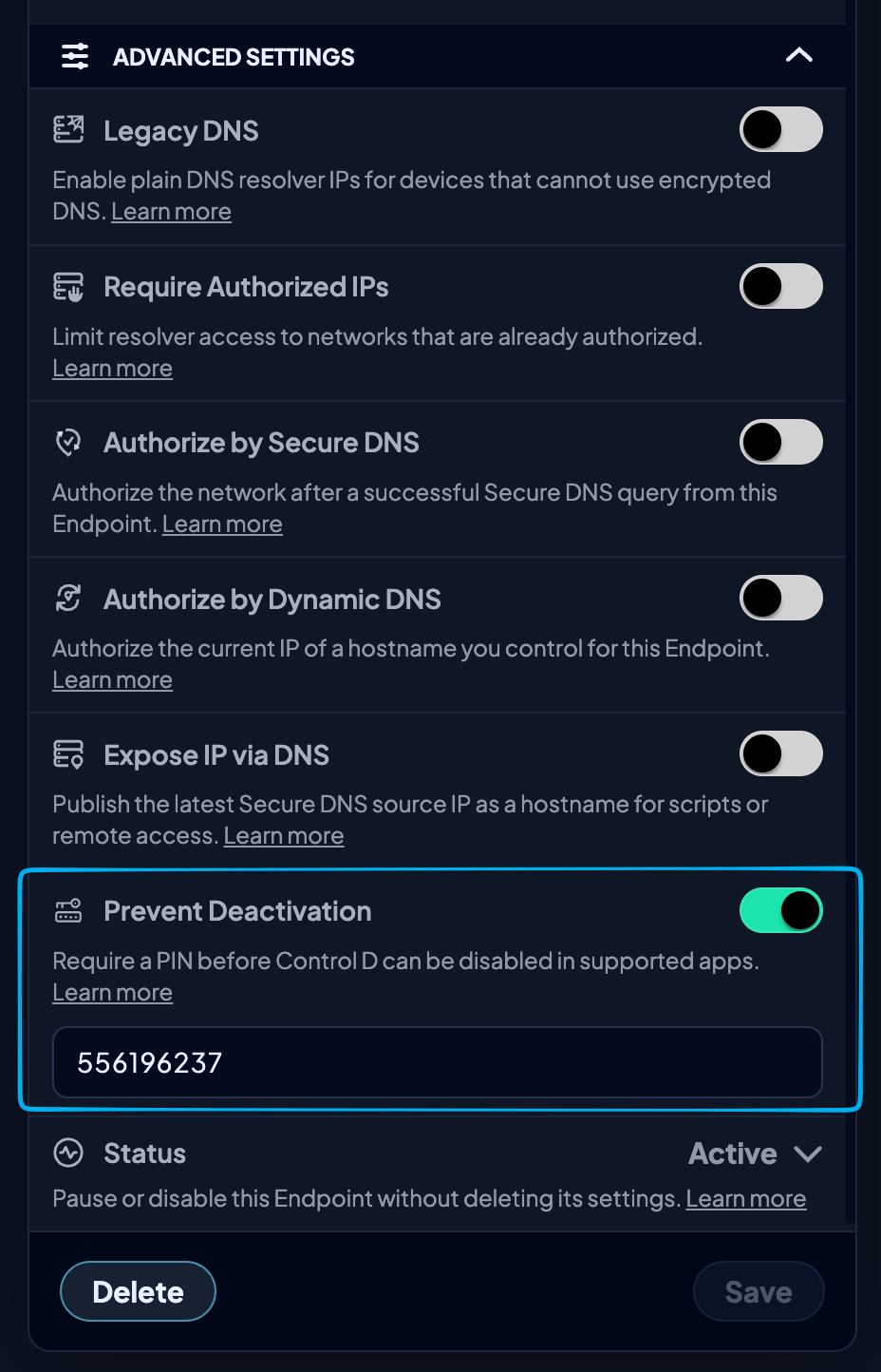 Endpoint settings with Prevent Deactivation turned on and a PIN set