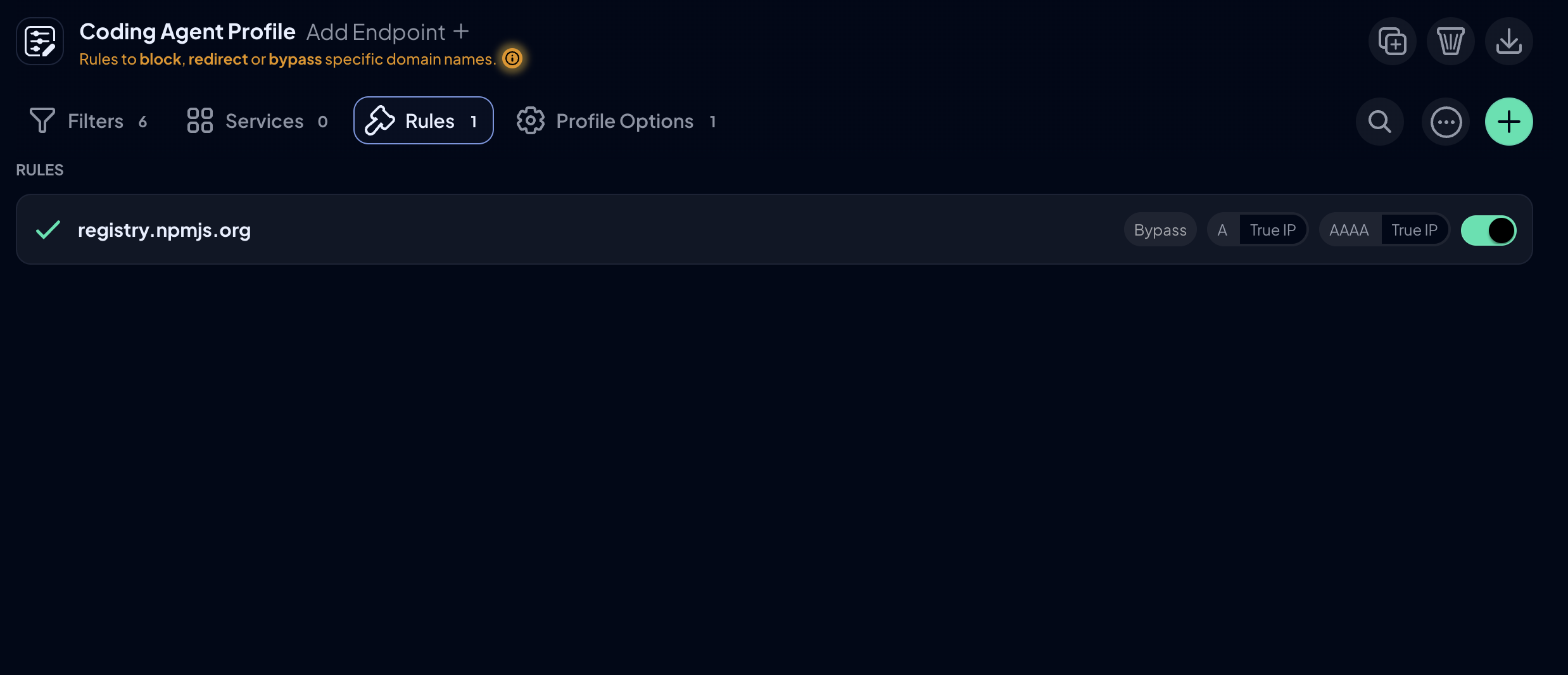 Coding agent Profile Custom Rules with registry.npmjs.org set to Bypass