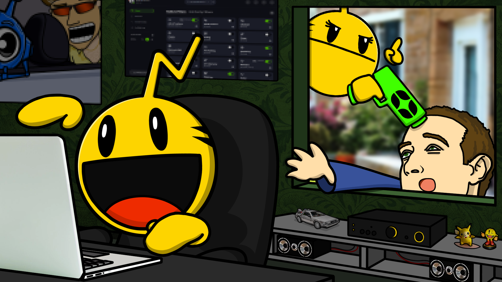 Pikaman works dilligently at his computer, while Pikagirl uses Control D to stop a surprised Zuckerberg from getting in