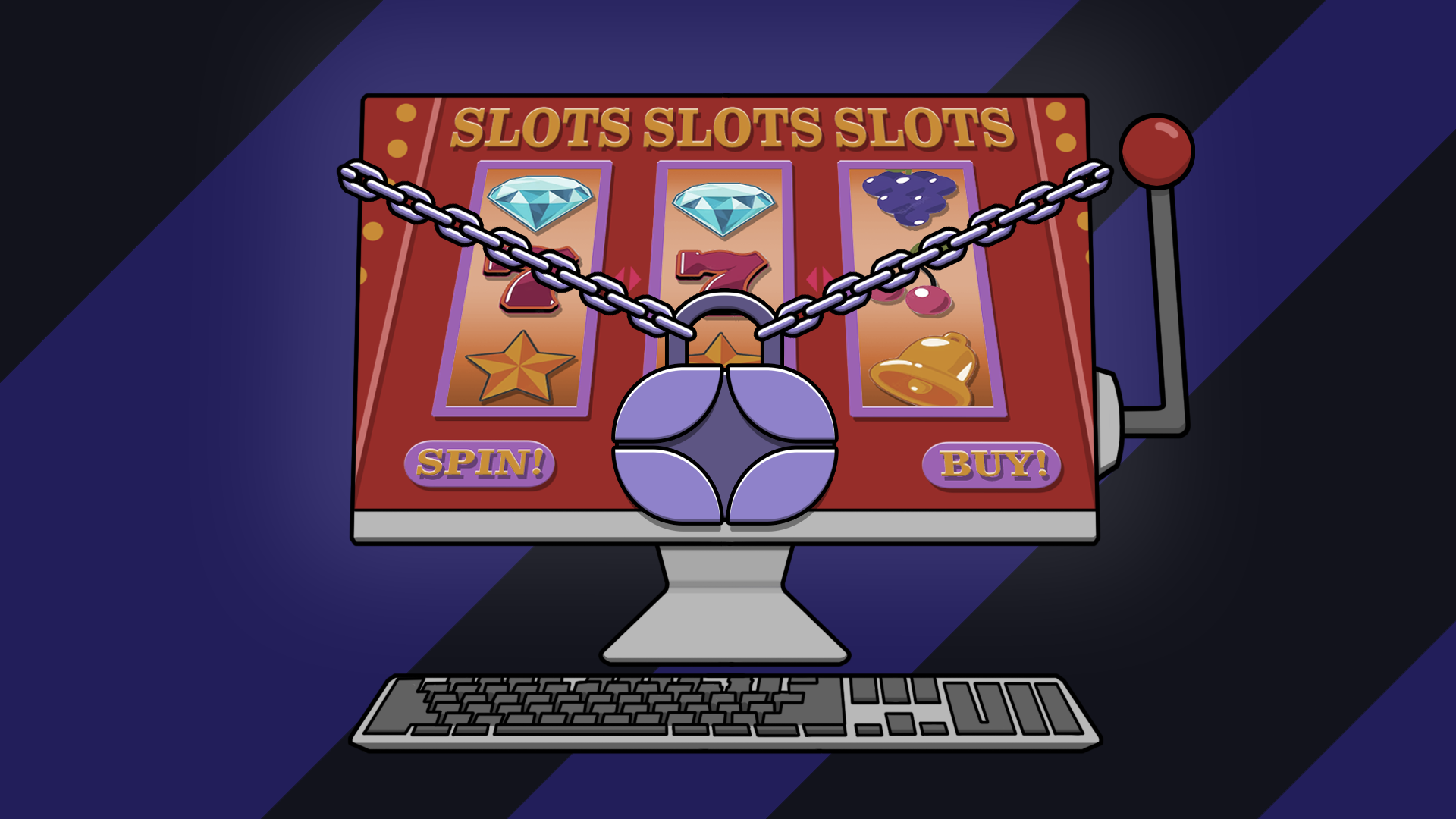 Image of computer showing gambling slot machines with a chain and lock around it.