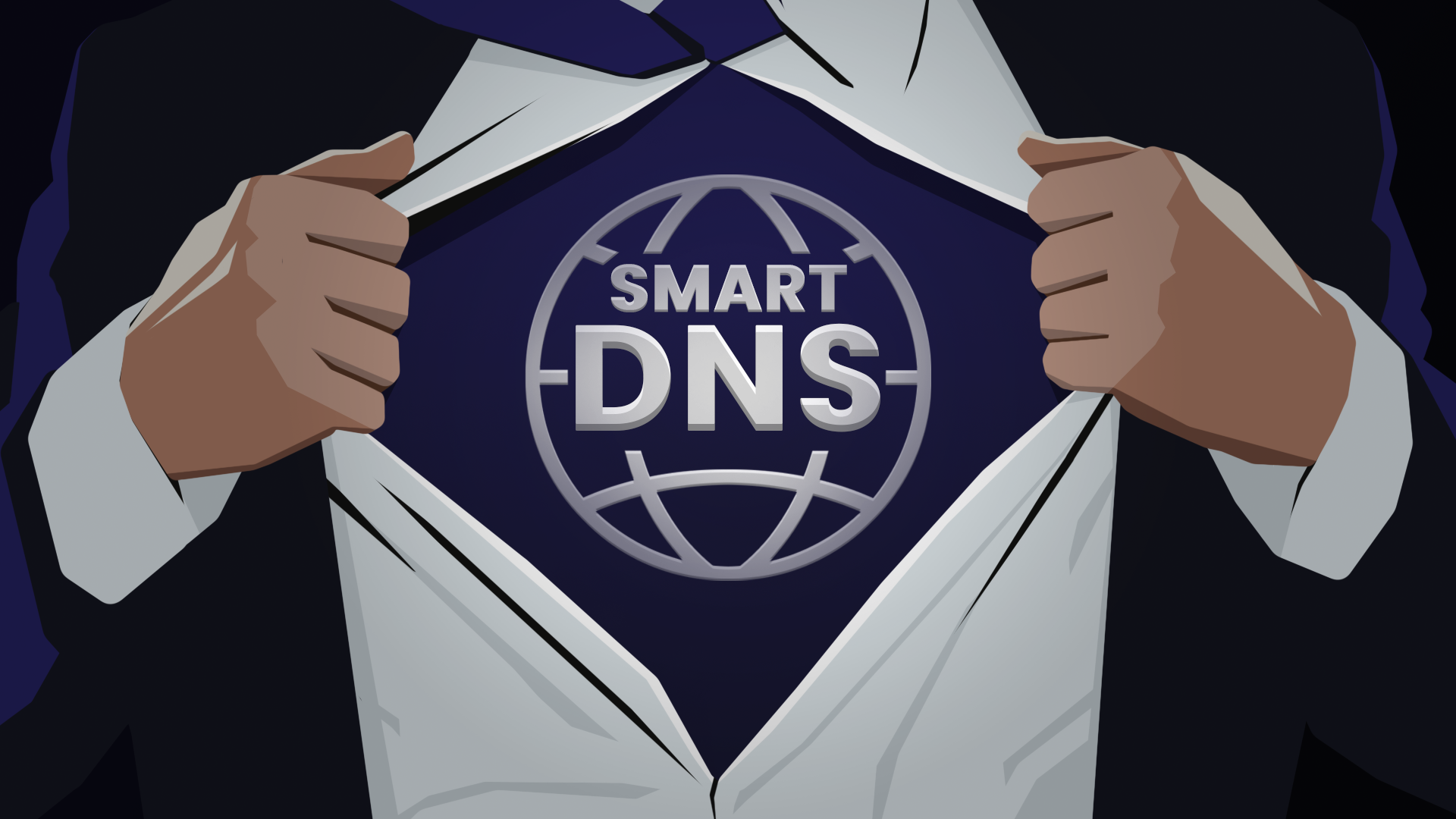 Man removing shirt in superman pose, displaying Smart DNS logo on his chest