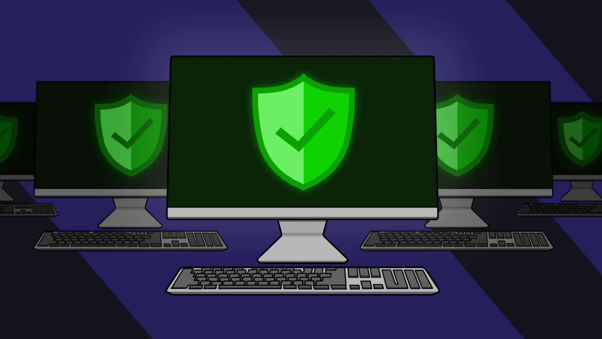 A digitally drawn image of multiple desktop displays showing a green shield with a tick, indicating they are secured